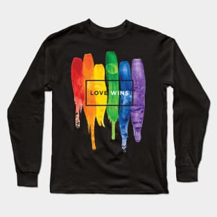 Watercolor LGBT Love Wins Rainbow Paint Typographic Long Sleeve T-Shirt